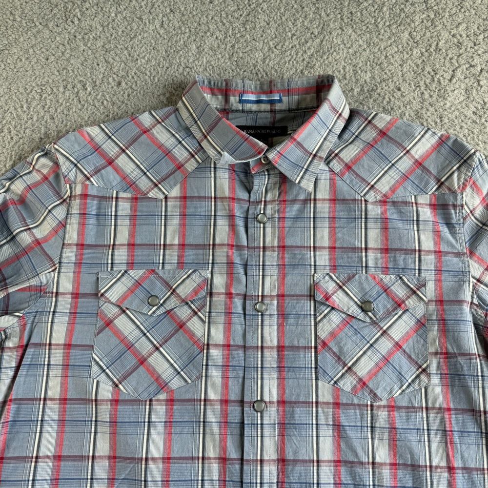 Banana Republic Shirt Mens Large Blue Red Plaid Button Up Pearl Snap Western